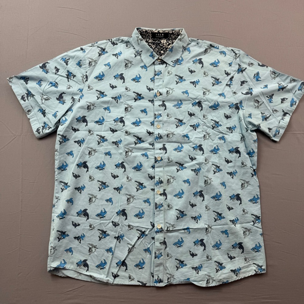 SSLR Mens Shark Print Button Down Shirt Short Sleeve Light Blue XXL Floral Trim